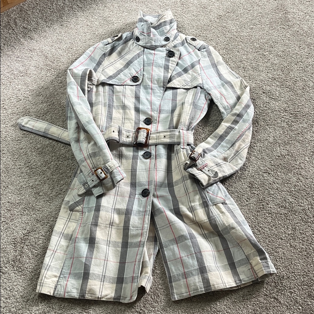 Classic Barbour Pastel Plaid sz4 Cotton Linen Tortoiseshell Hardware Trench EUC - Picture 16 of 16